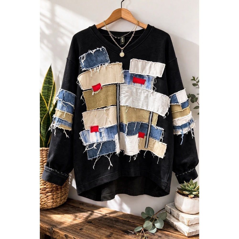 Avant Garde Patchwork Sweatshirt ELA USA Art To Wear Upcycled Denim Raw Edge